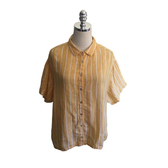 C & C California Top Women's Size Large Yellow Linen Button Up Short Sleeve - Picture 1 of 7